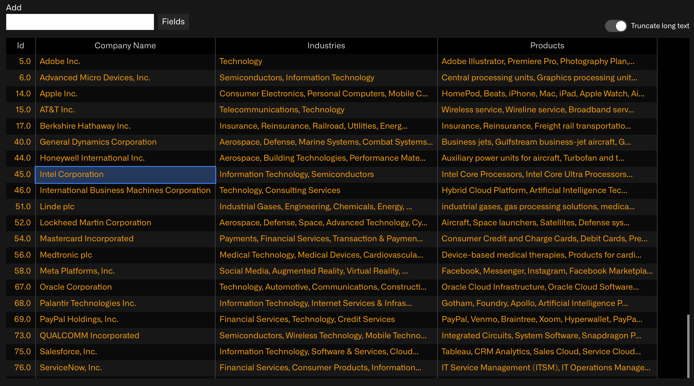 Company screening results